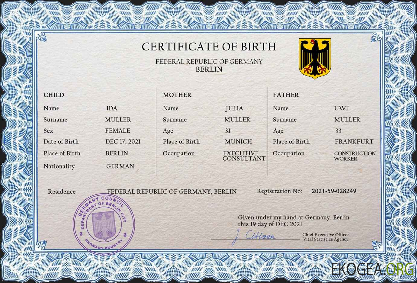 Modèle PSD de certificat de naissance de l'état civil de l'Allemagne